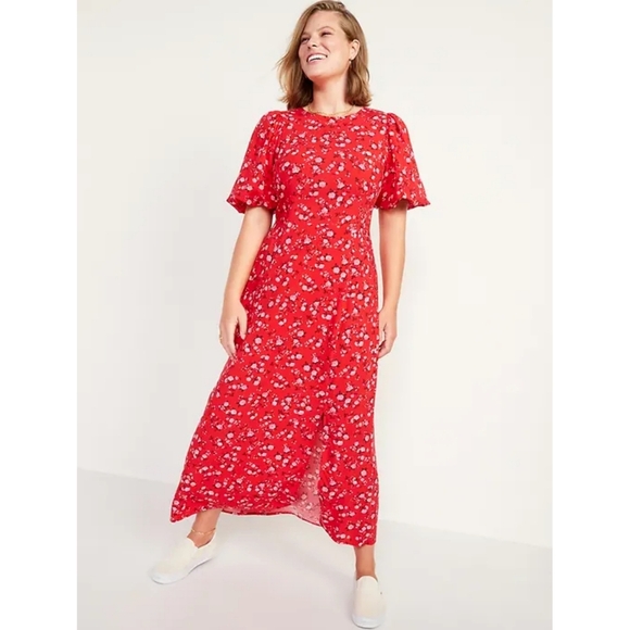 Old Navy Puff Sleeve Red Floral Maxi Dress Women's XS Ruched Back Spring Summer - Picture 1 of 14
